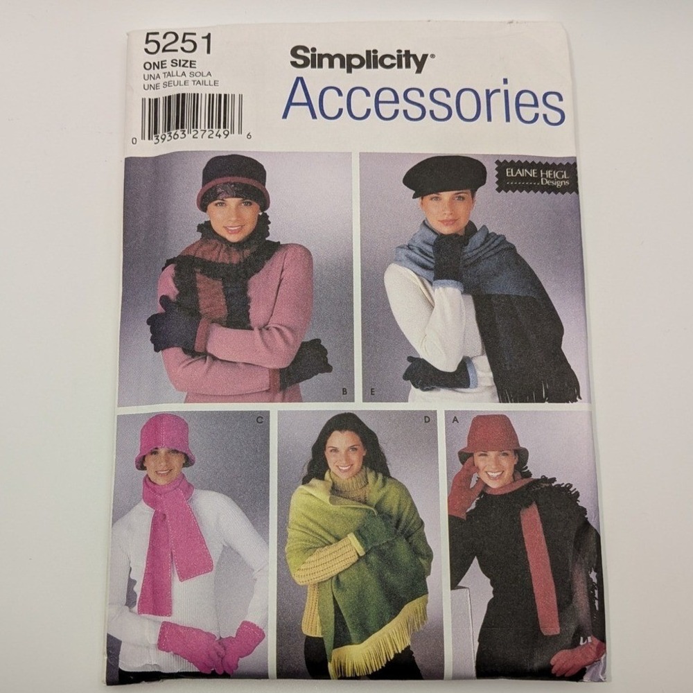 Simplicity 5251 Elaine Heigl Accessories Sewing Pattern Hat Gloves Scarf New Y2K